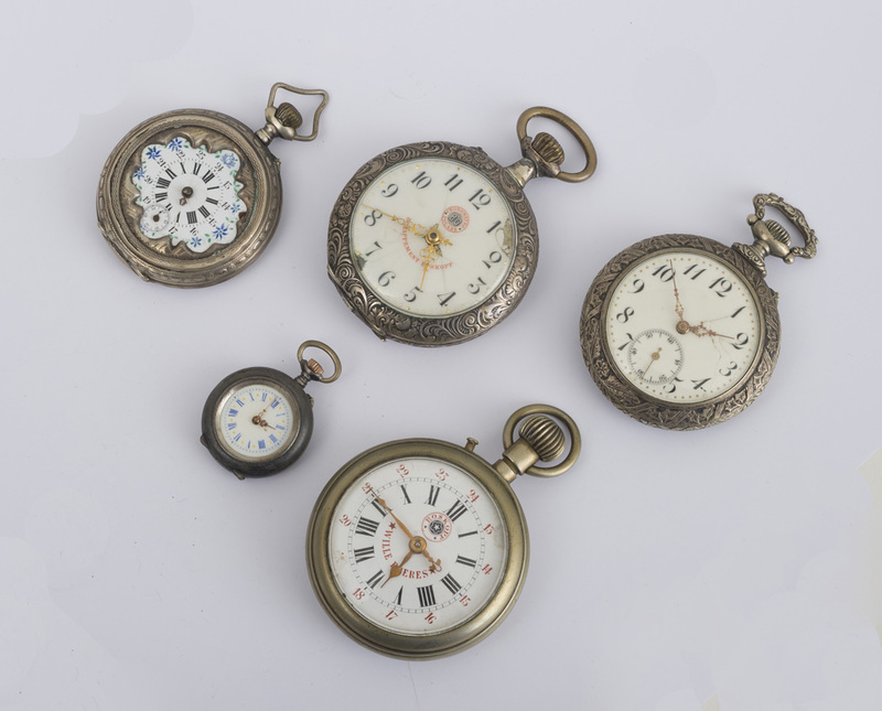 Group of Five Silver and Silvered-Metal Pocket Watches