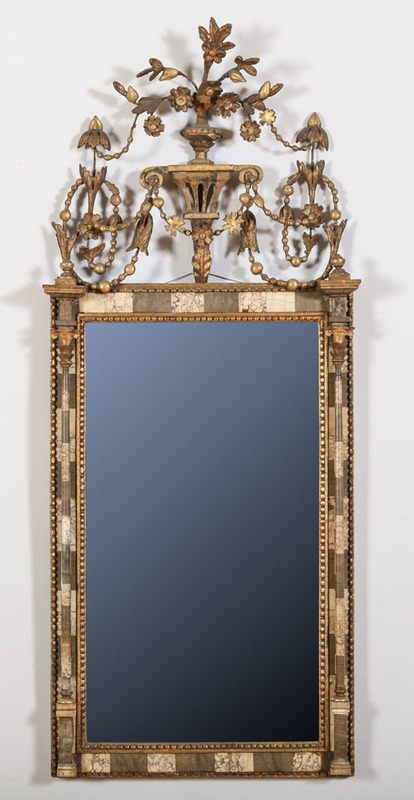 SPANISH NEOCLASSICAL INLAID MARBLE AND GILTWOOD MIRROR, BILBAO