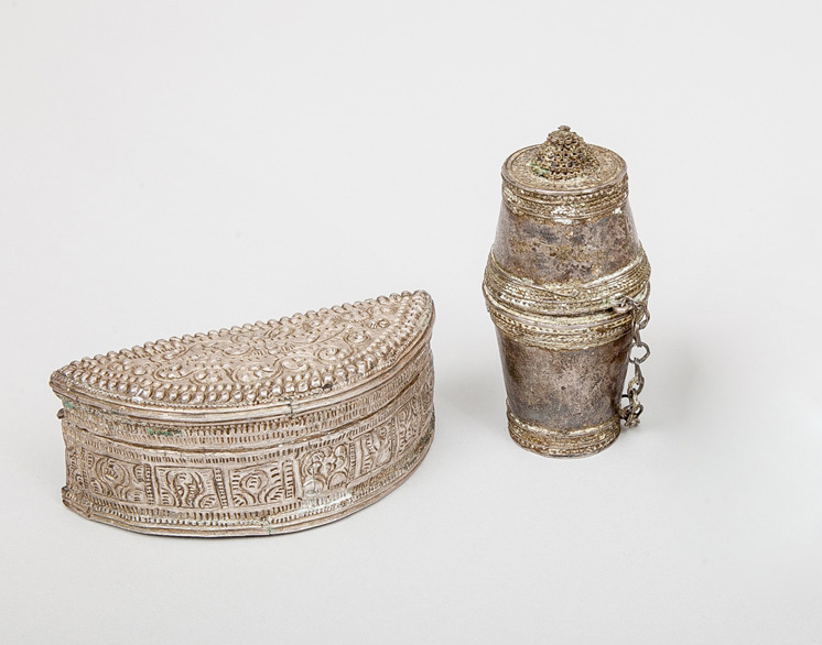 Laotian D-Shaped Box and an Ovoid Metal Box with Chained Lid
