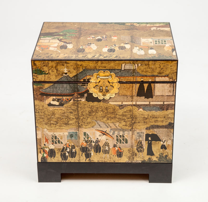 Chinese Gilt-Metal-Mounted, Black Lacquer and Papered Travelling Box