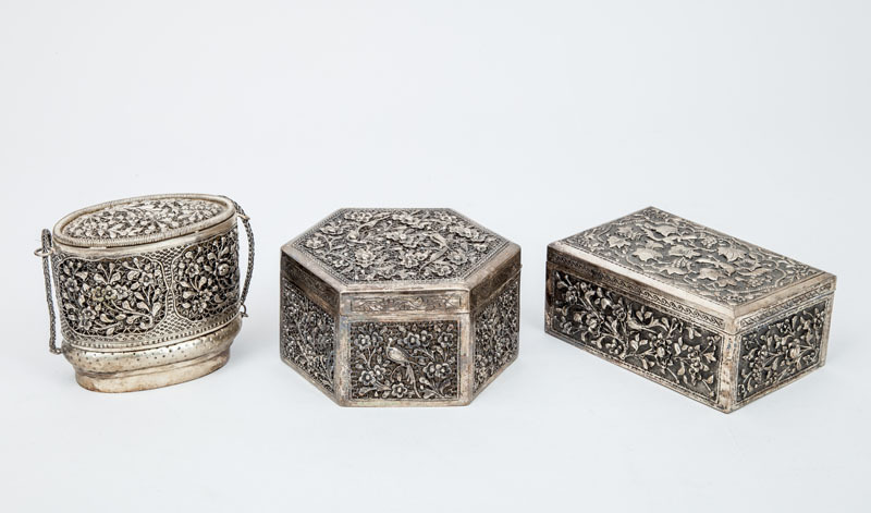 Two Eastern Pierced Filigree Silver-Plated Boxes and a Repoussé Box