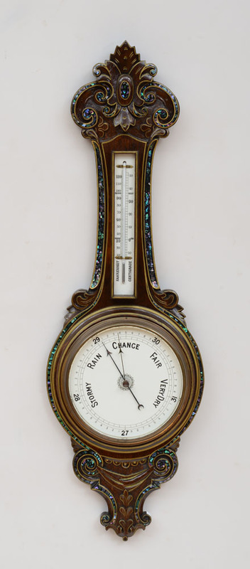 Victorian Mother-of-Pearl Inlaid and Gilt-Painted Carved Oak Wheel Barometer / Thermometer