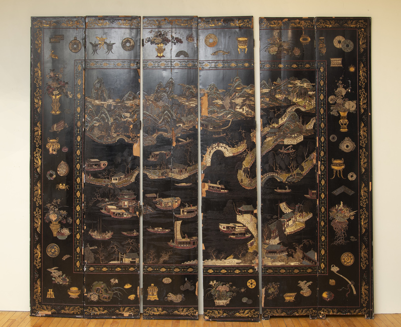 Chinese Black Lacquer and Polychrome Decorated Six Panel Coromandel Screen