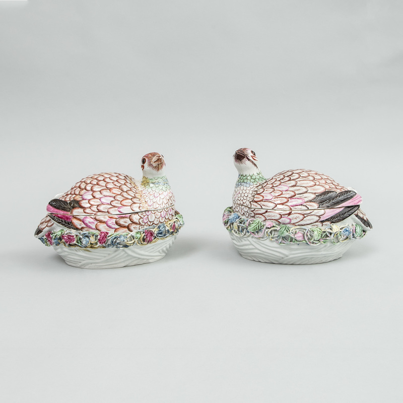 Pair of English Porcelain Quail Boxes and Covers
