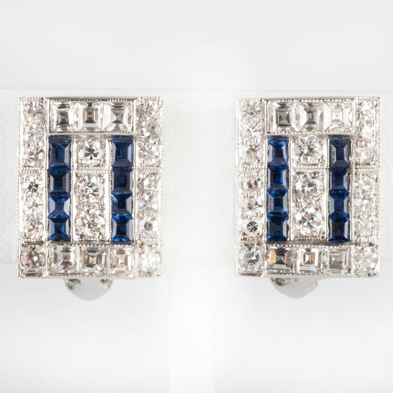Pair of 14k White Gold, Diamond and Sapphire Earclips ...