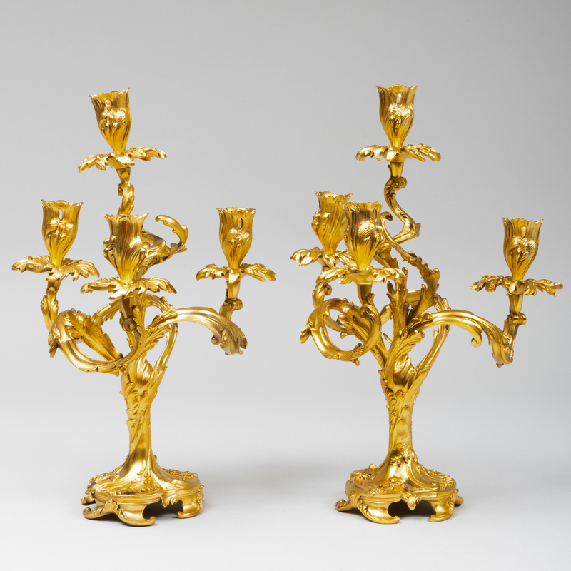 Pair of Louis XV Style Gilt-Bronze Four-Light Candelabra