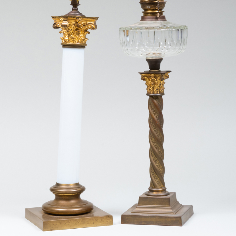 Gilt-Metal-Mounted Opaline Glass Columnar Lamp and a Gilt-Metal Columnar Table Lamp