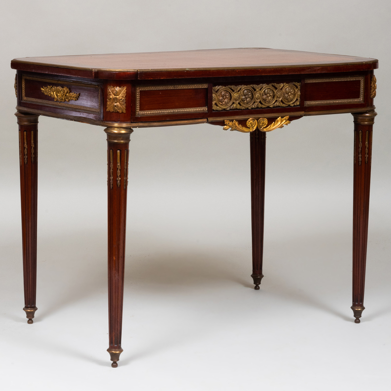 Louis XVI Style Gilt-Metal and Brass-Mounted Mahogany and Kingwood Parquetry Writing Table