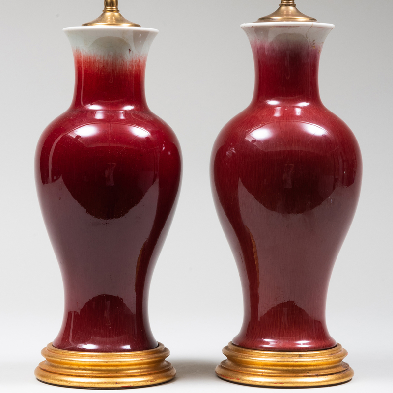 Pair of Chinese Copper Red Porcelain Vases Mounted as Lamps