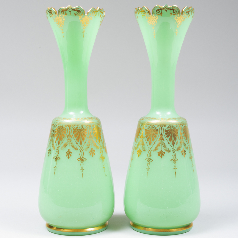 Pair of Green Glass Gilt-Decorated Bohemian Vases