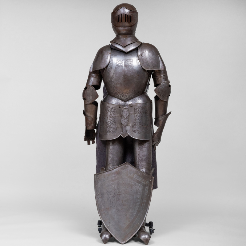 European Engraved Metal Suit of Armor with Shield