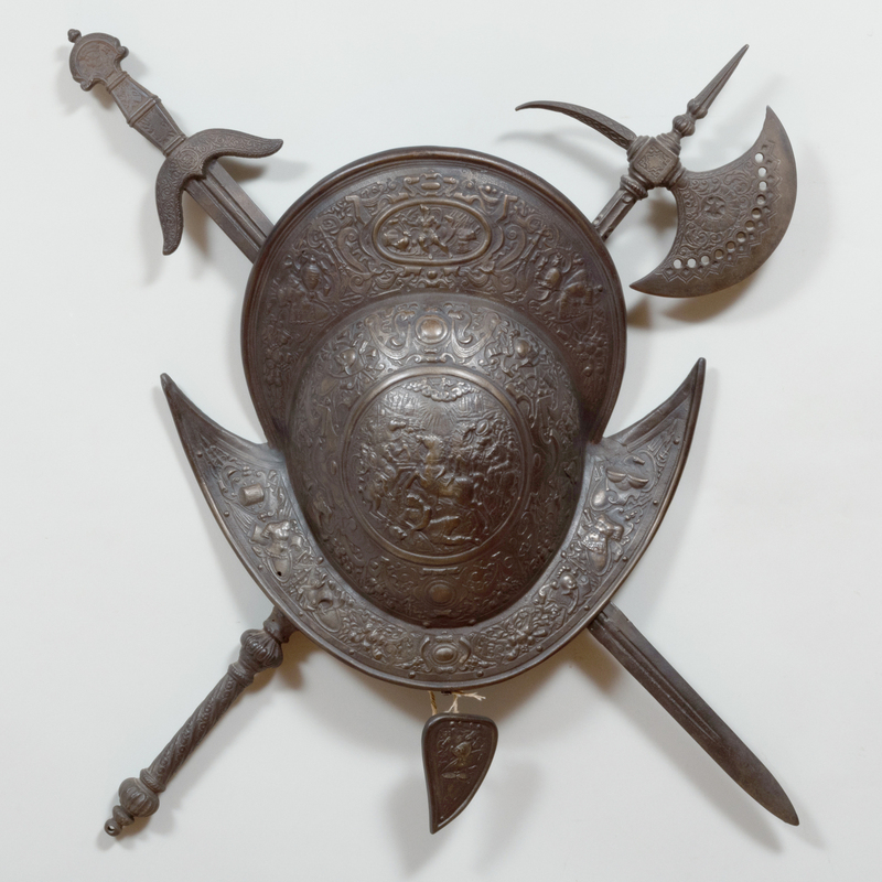 Metal Coat of Arms with Helmet, Sword, and Halberd