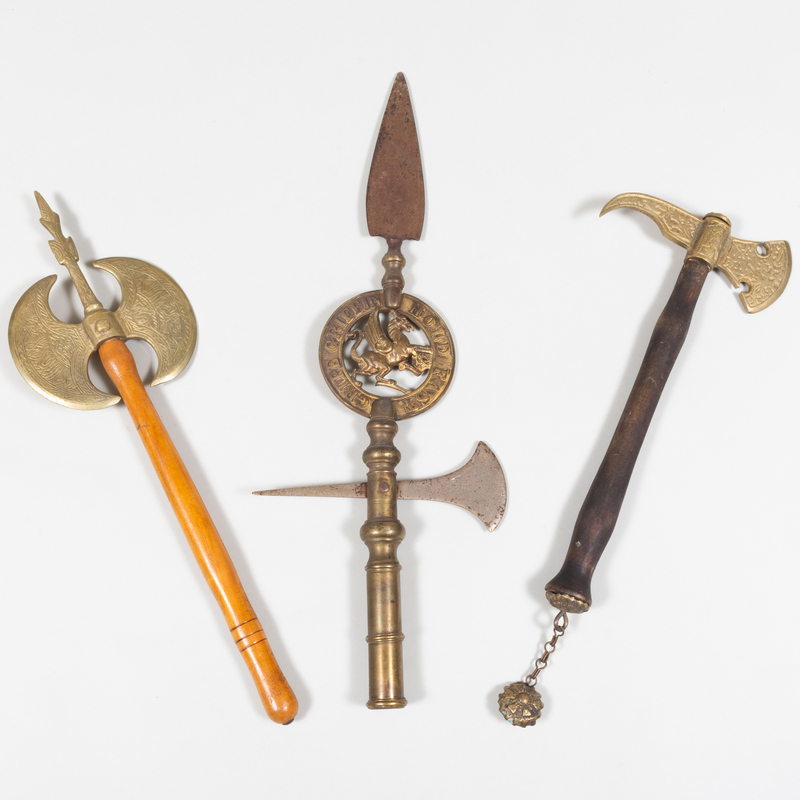 Brass and Wood Halberd and Two Medieval Style Metal Axes