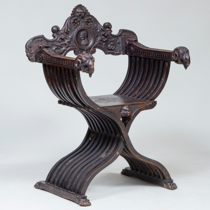 Italian Carved and Stained Wood Savonarola Chair