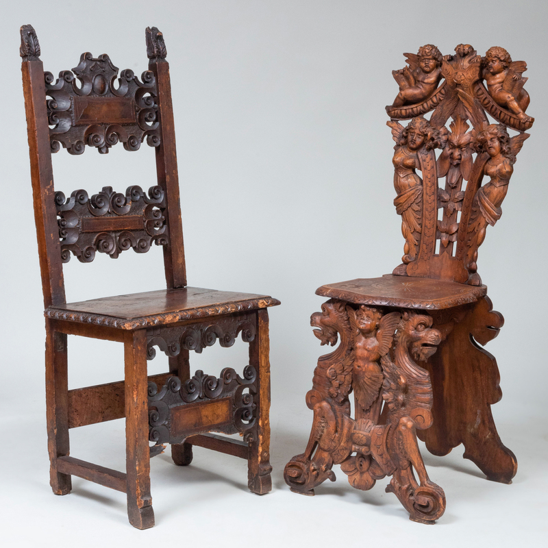 Italian Carved Walnut Sgabello Chair and a Hall Chair