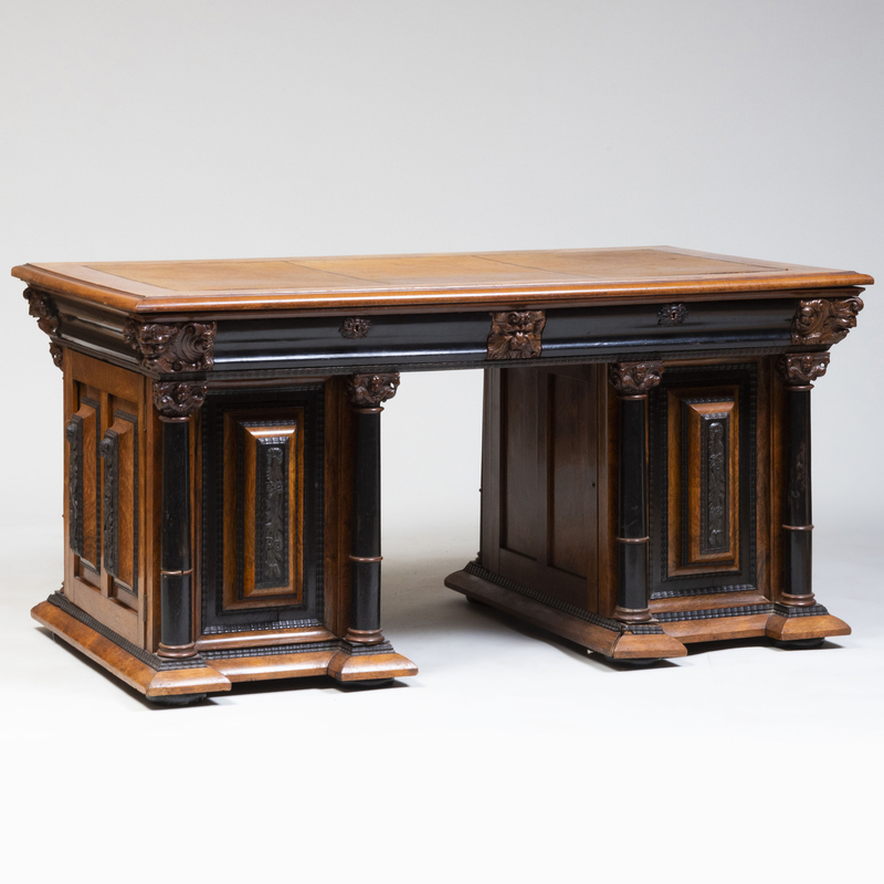 Dutch Baroque Style Walnut and Ebonized Pedestal Desk