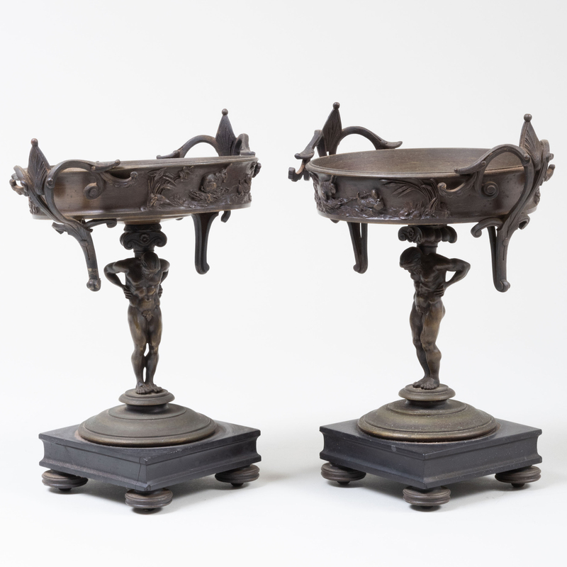 Pair of Renaissance Revival Metal and Marble Atlas Tazzas
