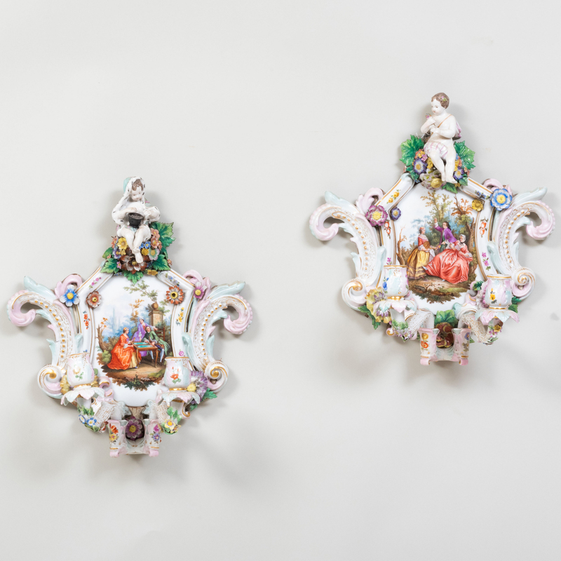 Pair of Dresden Porcelain Two-Light Wall Lights