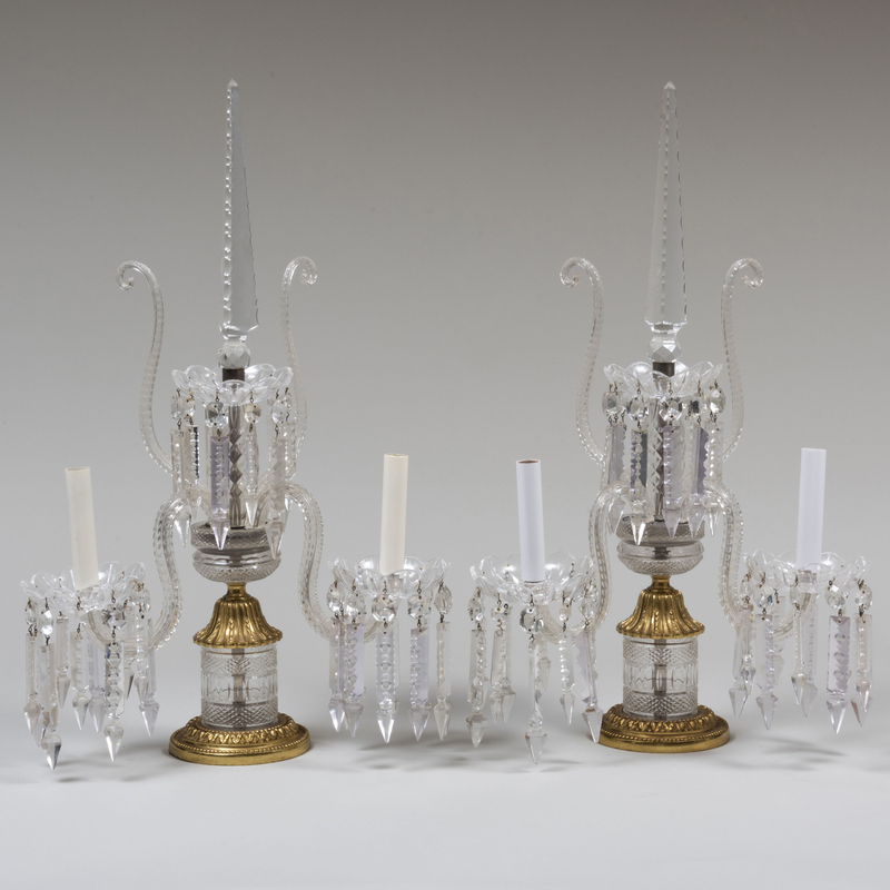 Pair of Regency Gilt-Metal Mounted Cut Glass Two-Light Candelabra
