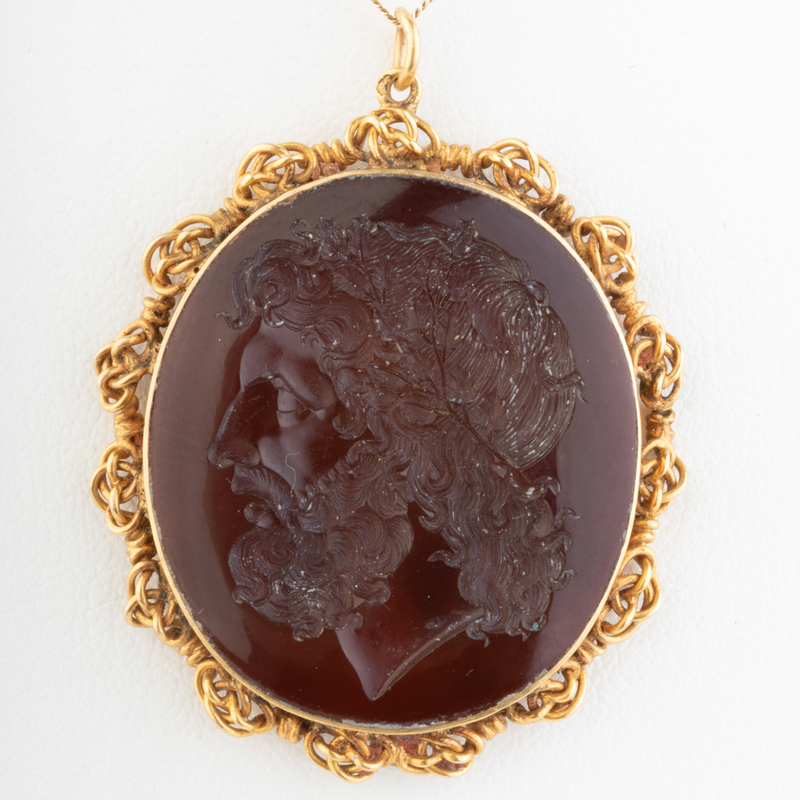 Carved Carnelian Agate Intaglio of Zeus with an Oak Wreath Set in a Gold Pendant