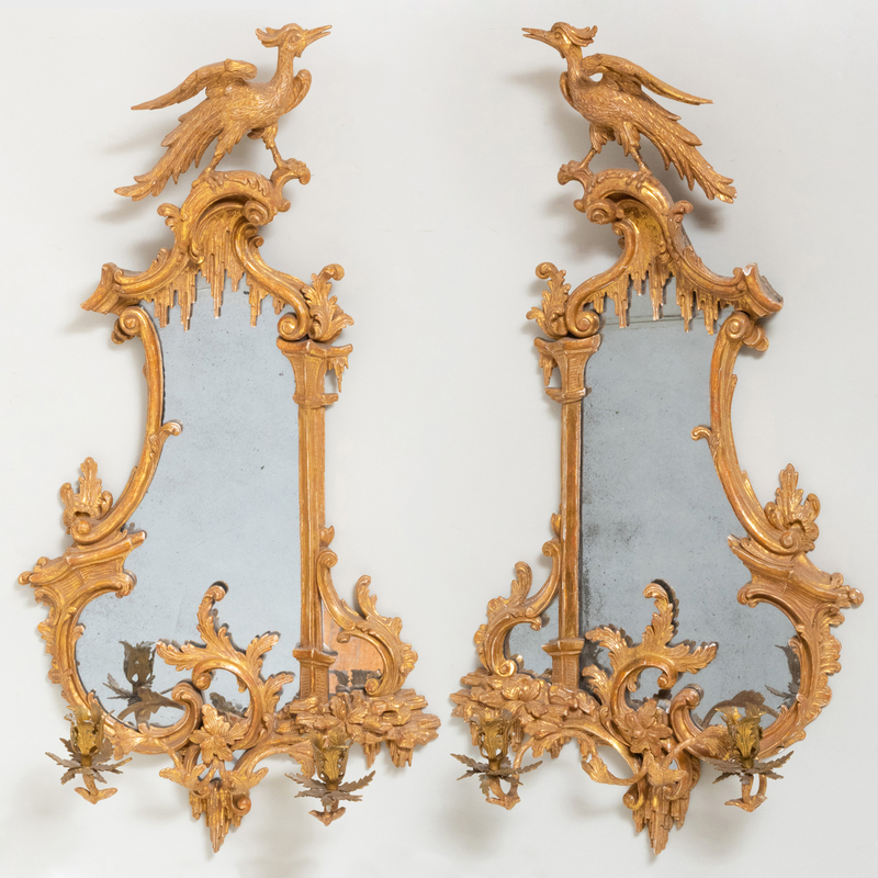 Pair of George III Carved Giltwood and Tôle Twin-Light Girandoles