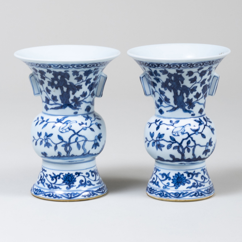 Pair of Chinese Blue and White Porcelain Zun Form 'Bird and Flower' Vases