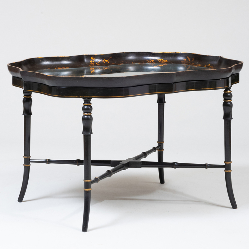 English Black Lacquer and Parcel-Gilt Papier-Mâché Tray on a Later Ebonized Stand