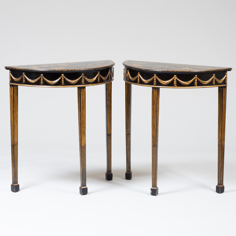 Pair of George III Style Black Lacquer and Parcel-Gilt D-Shape Console Tables