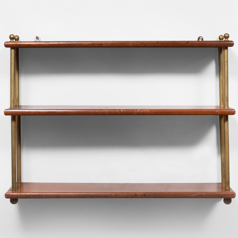 English Brass and Mahogany Three Tier Wall Shelf