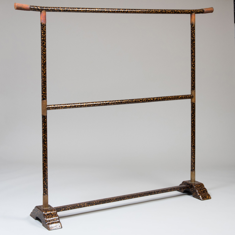 Japanese Metal-Mounted Black Lacquer and Parcel-Gilt Kimono Stand 