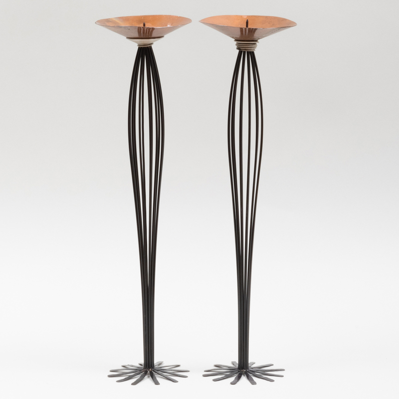 Pair of Bryan Hunt Copper and Patinated Metal Candlesticks
