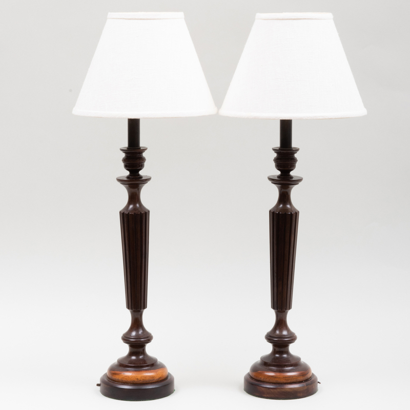 Pair of Carved Wood Candlestick Lamps