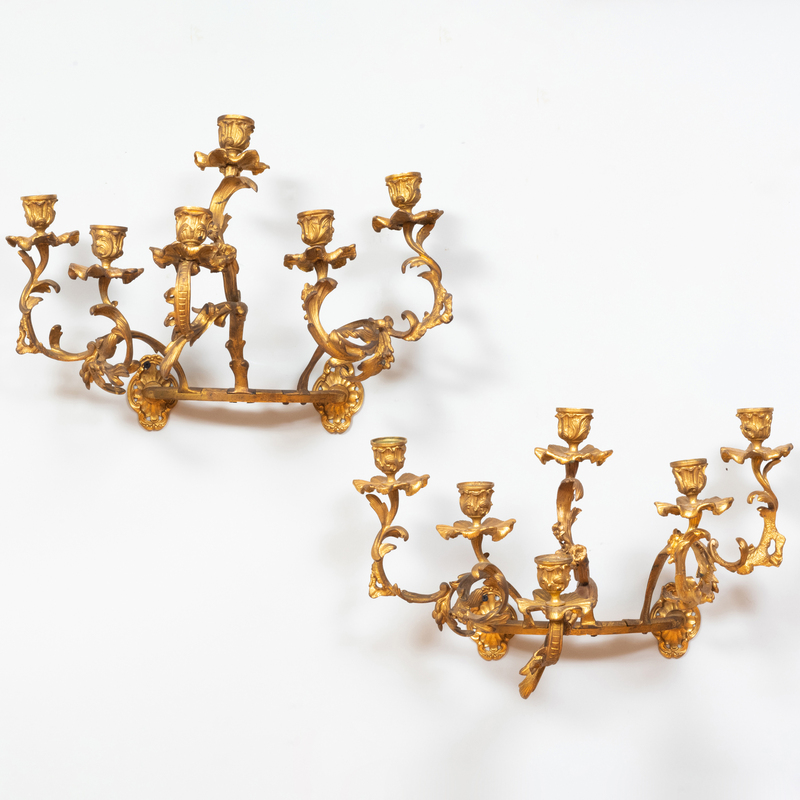 Pair of Continental Gilt-Bronze Six-Light Wall Sconces, Possibly Italian