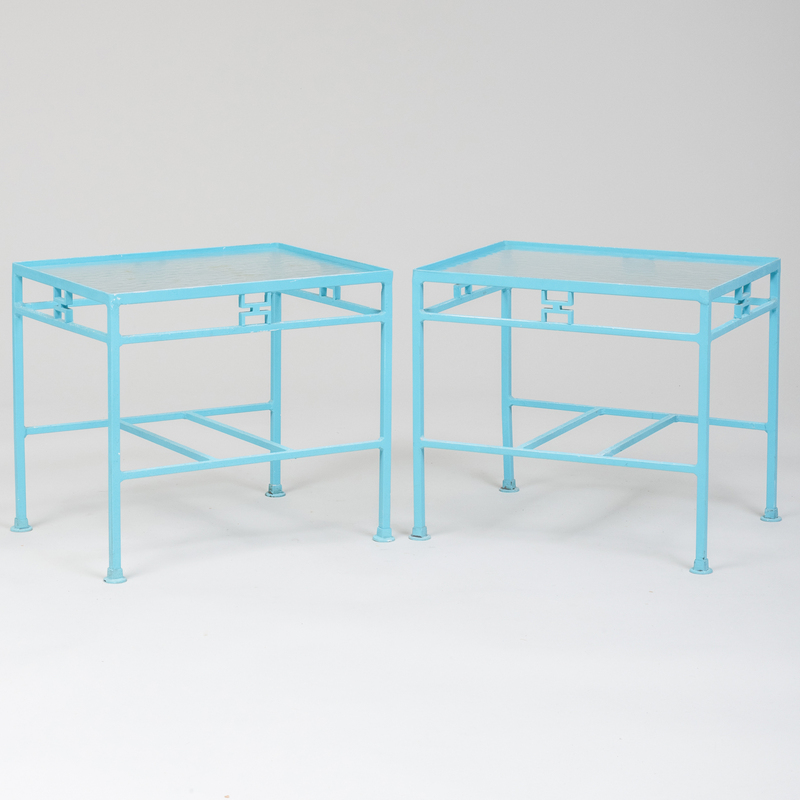 Pair of Blue Painted Metal and Glass End Tables