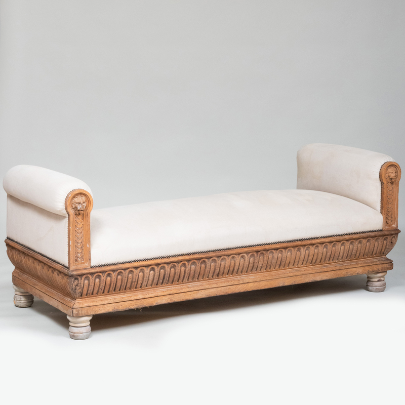 Baroque Style Carved Oak and Linen Window Bench