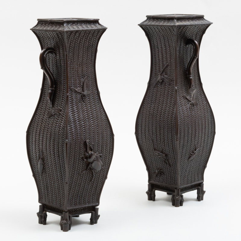 Pair of Japanese Patinated-Bronze Square Vases