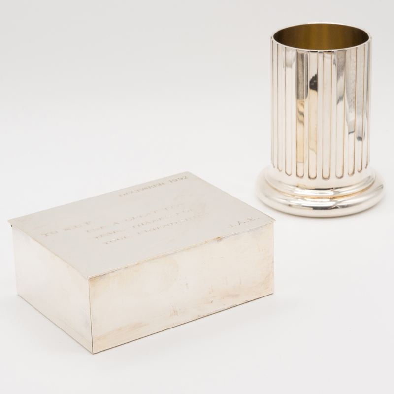 Italian Bulgari Silver Column Pen Cup and an Italian Tiffany & Co. Silver Presentation Box