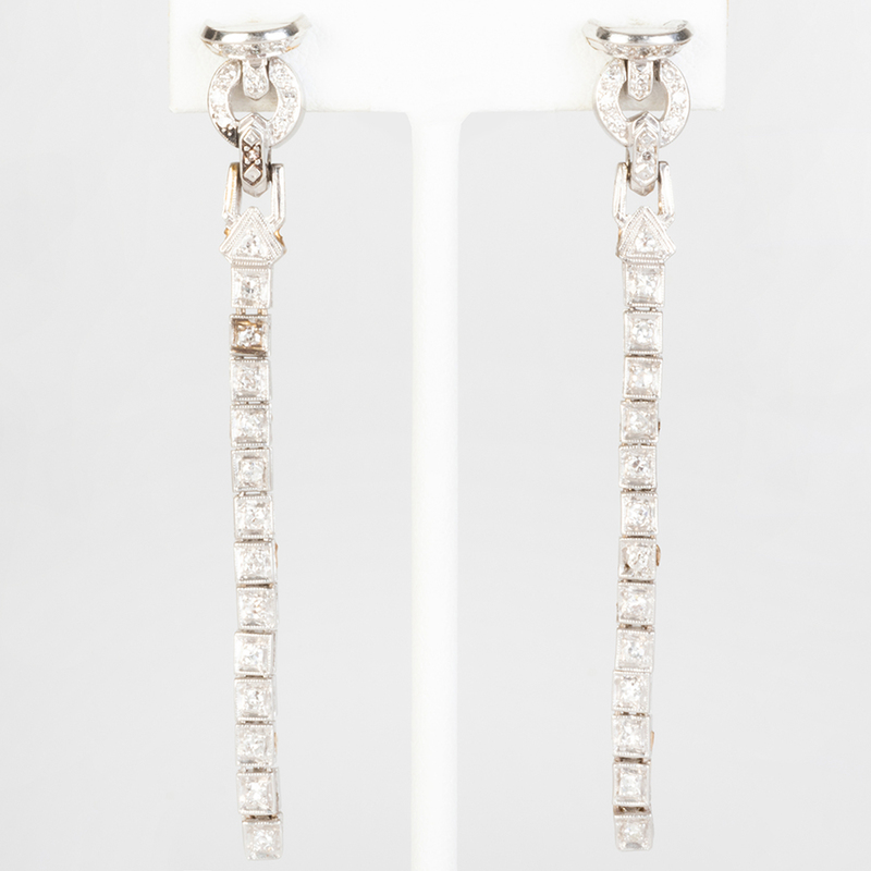Art Deco Style  Platinum  and Diamond Long Earrings