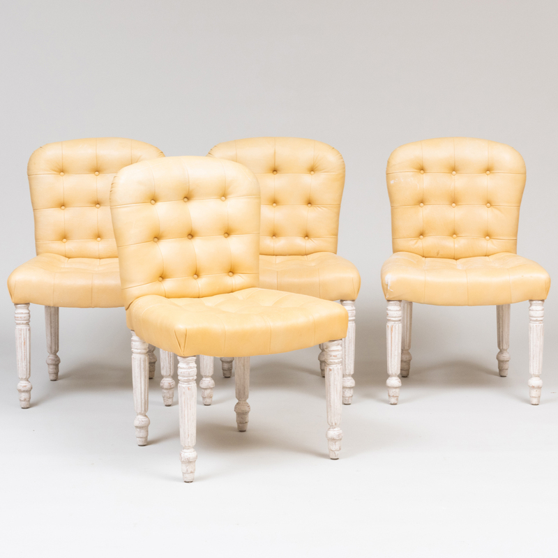 Set of Four George IV Style White Painted and Tufted Leather Upholstered Side Chairs, De Angelis