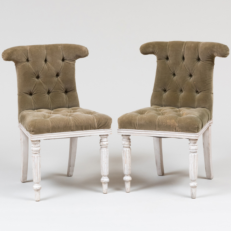Pair of Regency Style Carved, White Painted and Tufted Velvet Upholstered Side Chairs