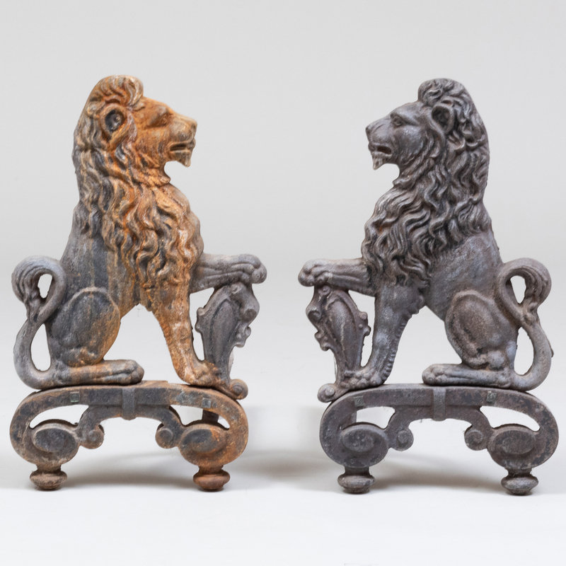 Pair of Demi Rampant Wrought-Iron Lion Form Andirons