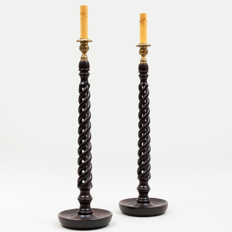 Pair of English Brass-Mounted Wood Barley Twist Candlestick Lamps