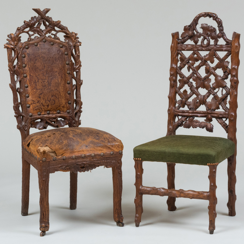 Victorian Faux Bois and Leather Upholstered Side Chair, Together with a Similar Rustic Carved Oak Side Chair