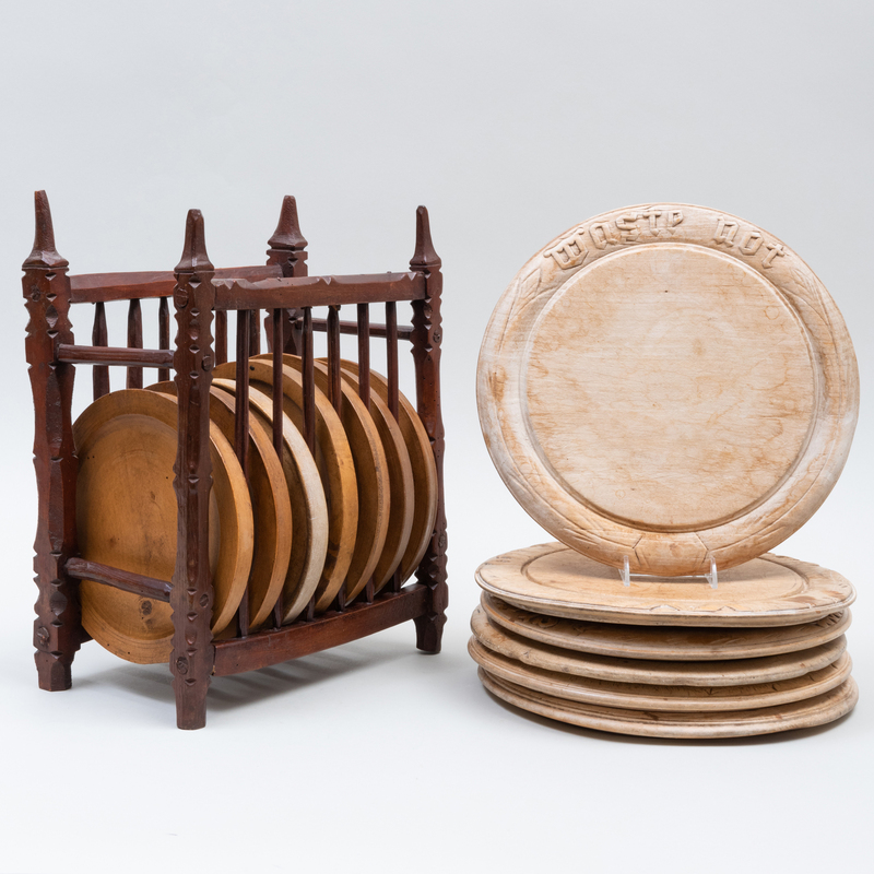 Carved Wood Plate Rack, a Group of Wood Trenchers, and a Group of Bread Boards