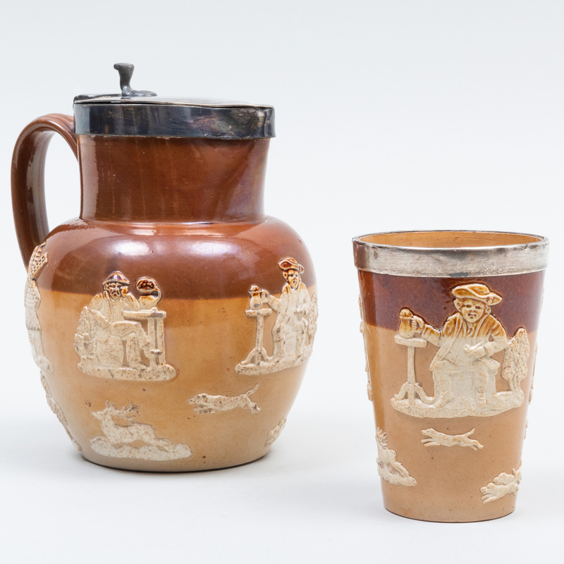 English Silver Plate Mounted Earthenware Pitcher and a Silver-Mounted Cup
