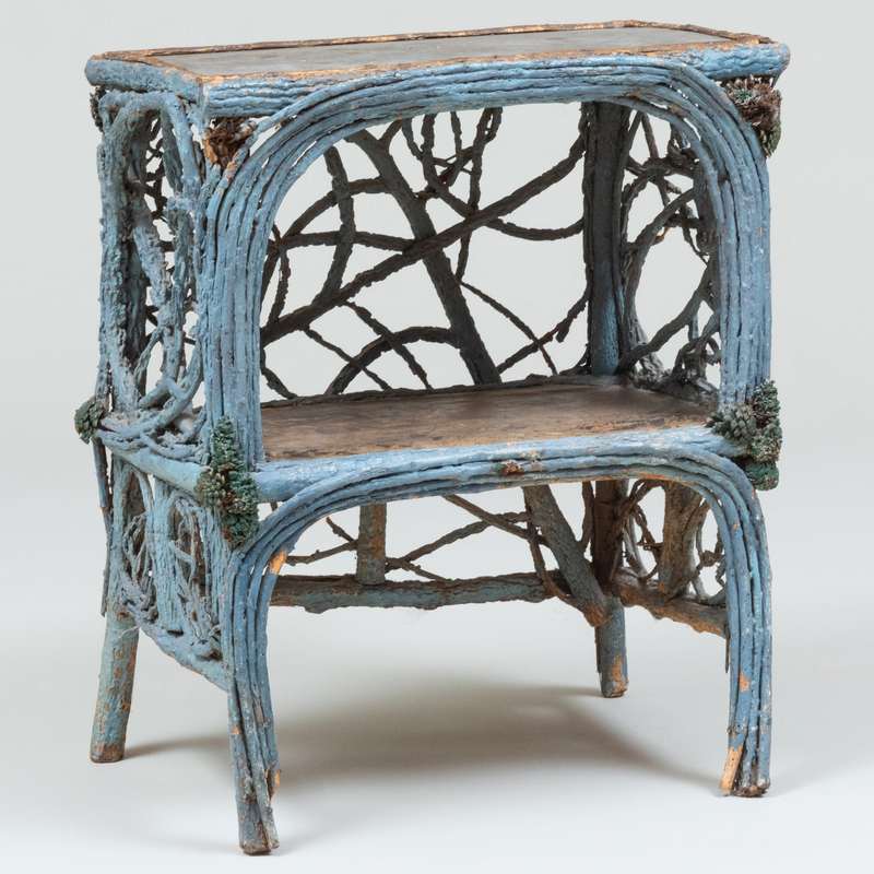 Victorian Provincial Blue Painted Pine, Twig and Pine Cone Two-Tier Side Table