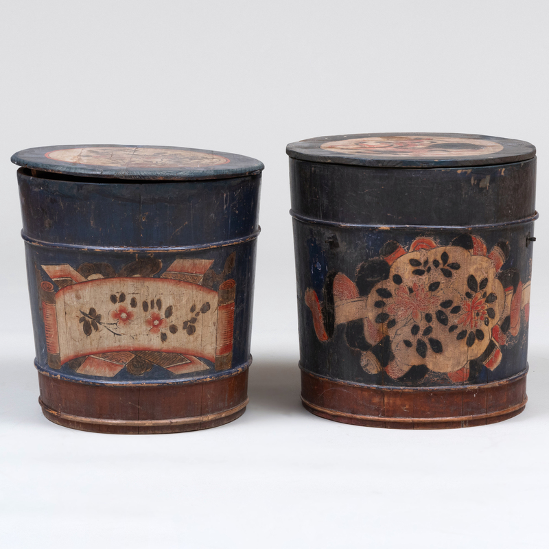 Pair of Provincial Blue and Polychrome Painted Pine Buckets