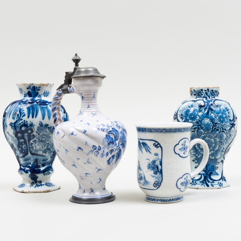 Two Blue and White Delft Vases, a Pewter-Mounted Ewer and a Chinese Export Porcelain Vase