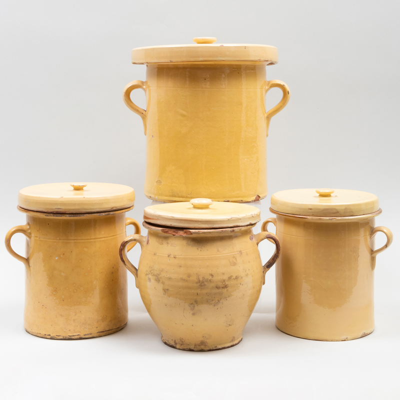 Group of Four Glazed Earthenware Cannisters and Four Covers, Probably American 