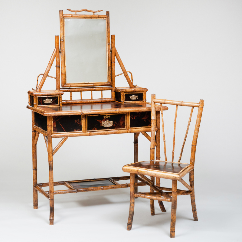 Aesthetic Movement Bamboo, Black Japanned and Parquetry Dressing Table with Matching Side Chair